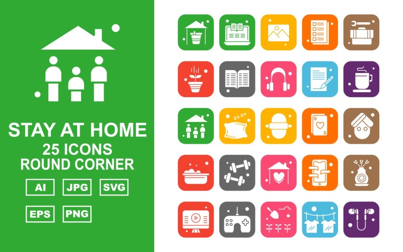 Download Набор иконок "25 Premium Stay At Home Round Corner Pack Icon Set" / 25 Premium Stay At Home Round Corner Pack Icon Set - Набор иконок на тему medical home,pillow,mobile,flower,lcd,joystick,agriculture,t shirt,handsfree,laptop,gallery,note,tool box,plant,book,headphone,tea,family,roti,card