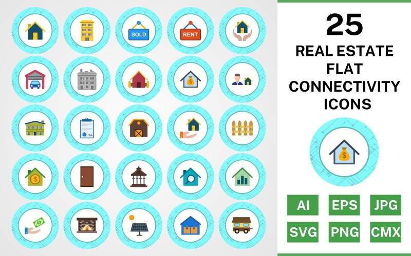 Download Набор иконок "25 Real Estate Flat Connectivity Icon Set" / 25 Real Estate Flat Connectivity Icon Set - Набор иконок на тему city set,file,icon,icons,flat,vector,sign,symbol,pictogram,connectivity,real estate,house,garage,building,farm house,loan,agent,mortgage