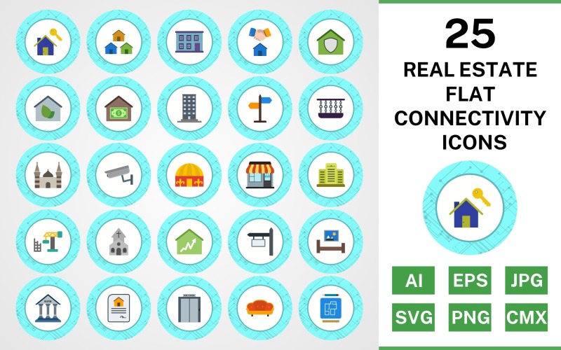 Download Набор иконок "25 Real Estate Flat Connectivity Icon Set" / 25 Real Estate Flat Connectivity Icon Set - Набор иконок на тему city set,file,icon,icons,flat,vector,sign,symbol,pictogram,connectivity,real estate,mosque,church,balcony,mansion,eco house,lift,yurt,bank