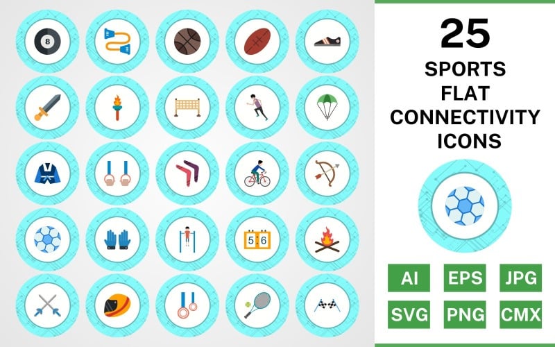 25 Sports And Games Flat Connectivity Icon Set