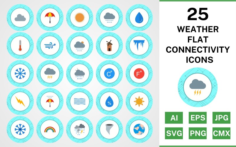 Download Набор иконок "25 Weather Flat Connectivity Icon Set" / 25 Weather Flat Connectivity Icon Set - Набор иконок на тему weather set,file,icon,icons,flat,vector,sign,symbol,pictogram,connectivity,weather,cloud,rain,sun,tornado,rainbow,windy,rain drop,temparature,snow flake