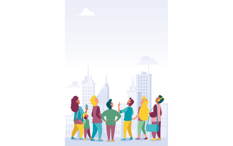 Download Иллюстрация "Crowd with City Background - Illustration" / Crowd with City Background - Illustration - Иллюстрация на тему графика crowd,audience,spectators,group,fans,clients,customers,casual,gathering,people,friend,friendship,looking up,look,up,man,woman,young,youth,male