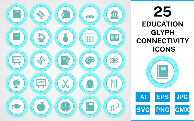 Download Набор иконок "25 Education Glyph Connectivity Icon Set" / 25 Education Glyph Connectivity Icon Set - Набор иконок на тему science set,file,icon,icons,glyph,vector,sign,symbol,pictogram,connectivity,education,books,bagpack,notebook,flask,microscope,notes,markers,calculator,book