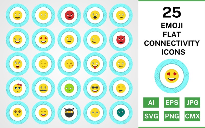 Download Набор иконок "25 Emoji Flat Connectivity Icon Set" / 25 Emoji Flat Connectivity Icon Set - Набор иконок на тему social media set,file,icon,icons,flat,vector,sign,symbol,pictogram,connectivity,emoji,happy,sad,lol,alien,kiss,wink,nervous,calm,angry