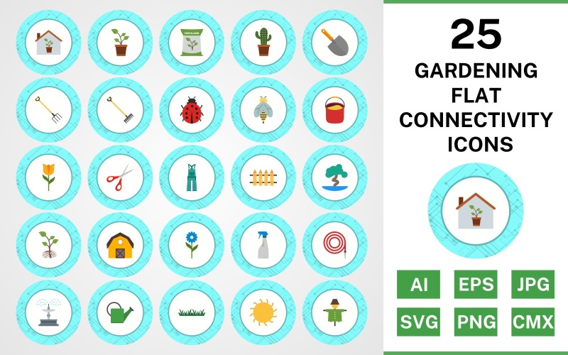 Download Набор иконок "25 Gardening Flat Connectivity Icon Set" / 25 Gardening Flat Connectivity Icon Set - Набор иконок на тему nature set,file,icon,icons,flat,vector,sign,symbol,pictogram,connectivity,gardening,sprout,pail,hose,barn,root,grass,watercan,trowel