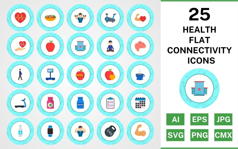 Download Набор иконок "25 Health Flat Connectivity Icon Set" / 25 Health Flat Connectivity Icon Set - Набор иконок на тему food set,file,icon,icons,flat,vector,sign,symbol,pictogram,connectivity,health,yoga,salad,heart beat,walking,body,hospital,apple,healthy food