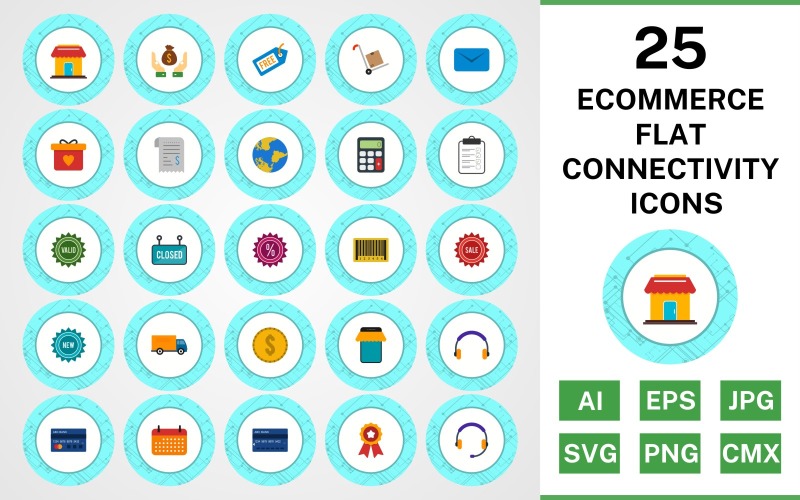 25 Conjunto de iconos de conectividad plana de comercio electrónico