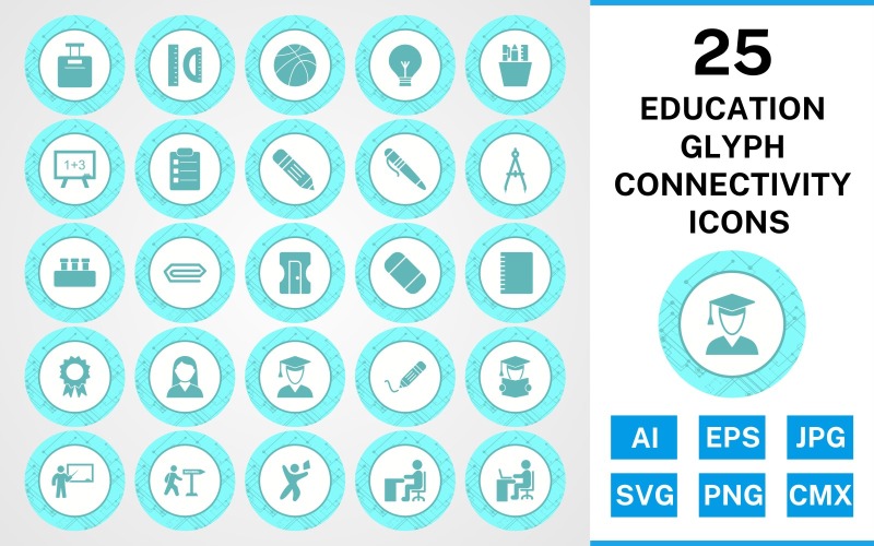 25 Set di icone di connettività del glifo educativo