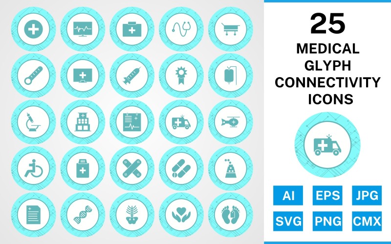 Download Набор иконок "25 Medical Glyph Connectivity Icon Set" / 25 Medical Glyph Connectivity Icon Set - Набор иконок на тему medical set,file,icon,icons,glyph,vector,sign,symbol,pictogram,connectivity,medical,drip,xray,dna,report,toe tag,medicines,hospital,injection,ambulance