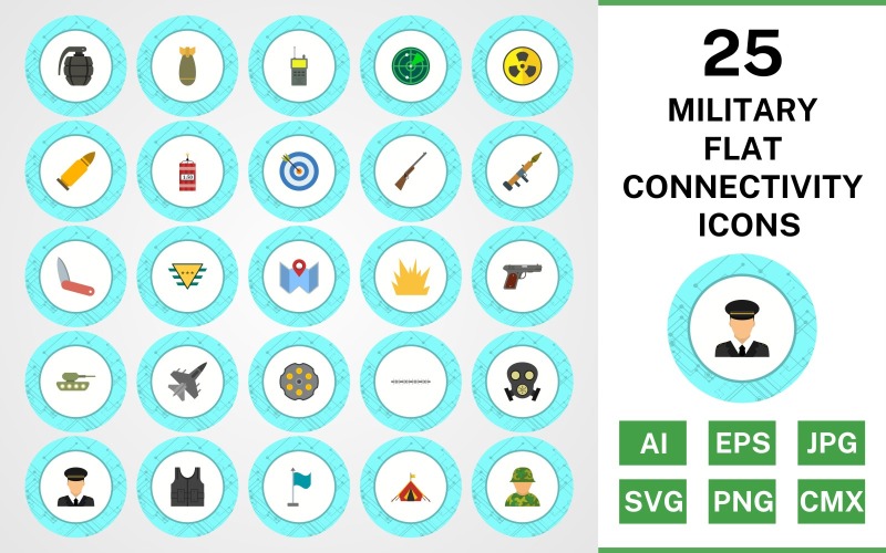 Download Набор иконок "25 Military Flat Connectivity Icon Set" / 25 Military Flat Connectivity Icon Set - Набор иконок на тему military set,file,icon,icons,flat,vector,sign,symbol,pictogram,connectivity,military,bullet,target,grenade,jet,tent,gun,blast,radar