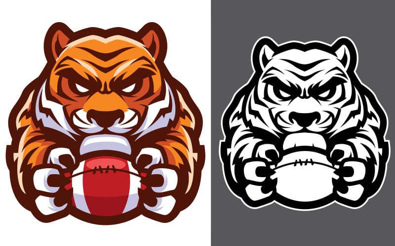Download Иллюстрация "Tiger American Football Mascot - Illustration" / Tiger American Football Mascot - Illustration - Иллюстрация на тему графика mascot,tiger,sport,team,animal,symbol,sign,logo,football,american,ball,holding,league,icon,aggressive,wild,strong,tough,predator,cat