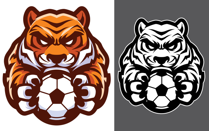 Download Иллюстрация "Tiger Football Soccer Mascot - Illustration" / Tiger Football Soccer Mascot - Illustration - Иллюстрация на тему графика mascot,tiger,sport,team,animal,symbol,sign,logo,football,soccer,ball,holding,league,icon,aggressive,wild,strong,tough,predator,cat