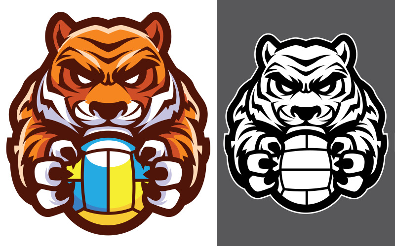 Download Иллюстрация "Tiger Volleyball Mascot - Illustration" / Tiger Volleyball Mascot - Illustration - Иллюстрация на тему графика mascot,tiger,sport,team,animal,symbol,sign,logo,volleyball,beach volleyball,ball,holding,league,icon,aggressive,wild,strong,tough,predator,cat