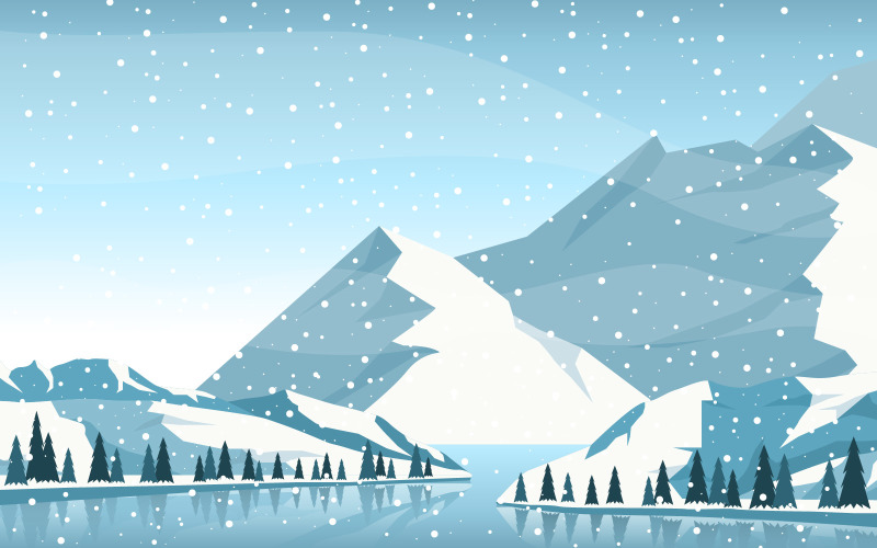 Download Иллюстрация "Frozen River Snowfall - Illustration" / Frozen River Snowfall - Illustration - Иллюстрация на тему графика winter,snow,pine,mountain,river,snowfall,nature,landscape,illustration,vector,sky,background,forest,design,scenery,snowy,frozen,cold,ice,holiday