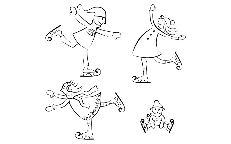 Ice Skating Characters Line Art - Illustration