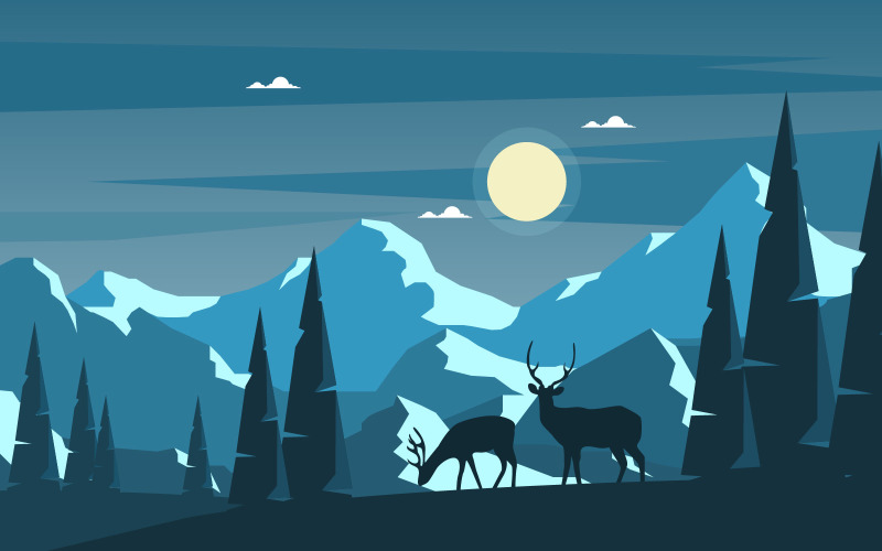 Download Иллюстрация "Mountain Deer Nature - Illustration" / Mountain Deer Nature - Illustration - Иллюстрация на тему графика winter,snow,pine,mountain,deer,nature,landscape,illustration,vector,sky,background,forest,design,scenery,snowy,frozen,cold,ice,holiday,frost