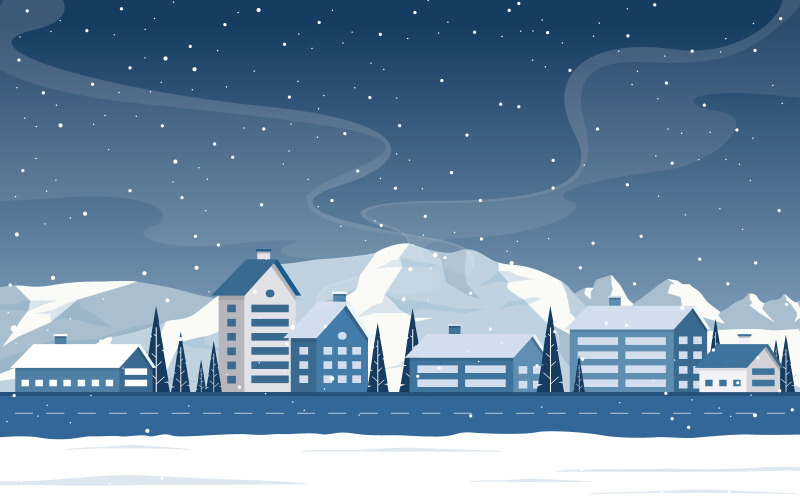 Download Иллюстрация "Snow Pine City - Illustration" / Snow Pine City - Illustration - Иллюстрация на тему графика winter,snow,pine,mountain,snowfall,rural,house,landscape,illustration,vector,season,cold,december,background,village,wonderland,city,minimal,art,flat