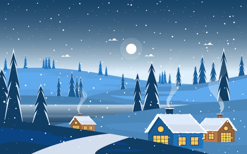 Download Иллюстрация "Winter Snow Nature - Illustration" / Winter Snow Nature - Illustration - Иллюстрация на тему графика winter,snow,pine,mountain,house,street,nature,landscape,illustration,vector,sky,background,forest,design,scenery,snowy,frozen,cold,ice,holiday