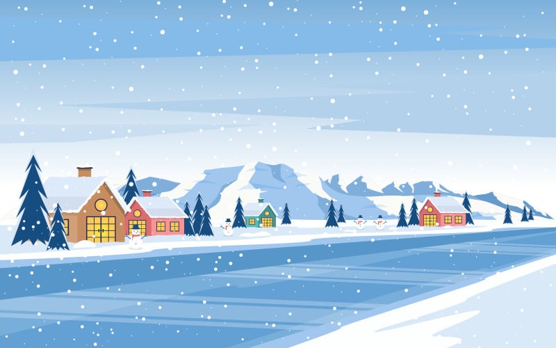 Download Иллюстрация "Winter Snow Street - Illustration" / Winter Snow Street - Illustration - Иллюстрация на тему графика winter,snow,pine,mountain,house,street,nature,landscape,illustration,vector,sky,background,forest,design,scenery,snowy,frozen,cold,ice,holiday