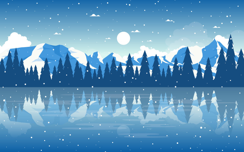 Download Иллюстрация "Winter Snowfall Lake - Illustration" / Winter Snowfall Lake - Illustration - Иллюстрация на тему графика winter,snow,pine,mountain,lake,snowfall,nature,landscape,illustration,vector,sky,background,forest,design,scenery,snowy,frozen,cold,ice,holiday