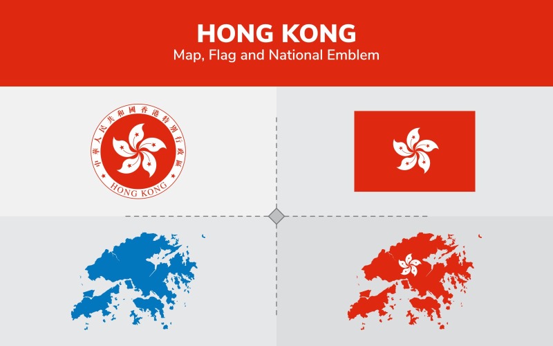 Hong Kong karta, flagga och nationellt emblem - Illustration