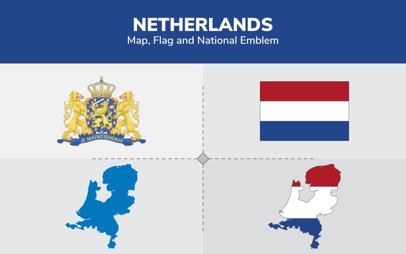 Nederland kaart, vlag en nationaal embleem - illustratie