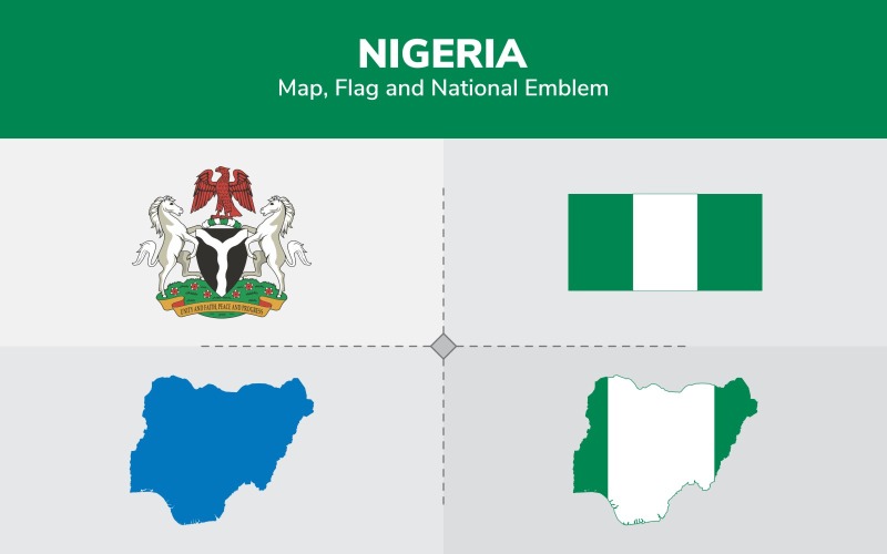 Download Иллюстрация "Nigeria Map, Flag and National Emblem - Illustration" / Nigeria Map, Flag and National Emblem - Illustration - Иллюстрация на тему графика continents,countries,map,political map,traveling,vector,emblem,national,flag,coat,arms,country,symbol,nations,state,sign,nation,badge,symbolic object,europe