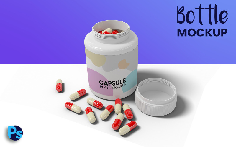 Download Мокап для продукта "Capsule Bottle product mockup" / Capsule Bottle product mockup - Мокап для продукта на тему графика capsule,bottle,psd,mockup,website,graphic,presentations,branding,mockups,promotion,plastic,template,templates,white,brand