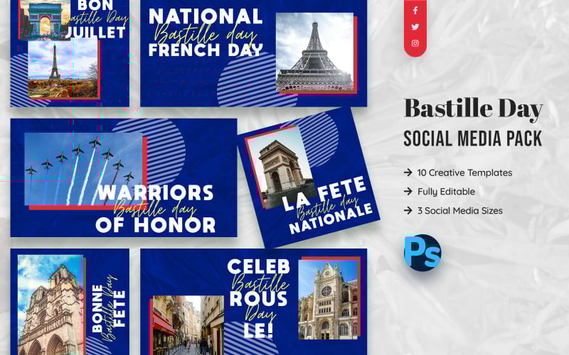 Download Шаблон для соцсетей "Bastille Day Social Media Template" / Bastille Day Social Media Template - Шаблон для соцсетей на тему графика bastille,day,social,media,template,promotion,post,facebook,instagram,twitter,creative,national,france,holiday,july