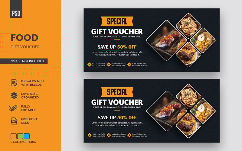 Download Фирменный стиль "Food Gift Voucher - Corporate Identity Template" / Food Gift Voucher - Corporate Identity Template - Фирменный стиль на тему графика voucher card,gift voucher,gift,food,voucher,restaurant,banner,discount,template,coupon,card,business,design,menu,invitation,promotion,cafe,breakfast,cooking,pizza