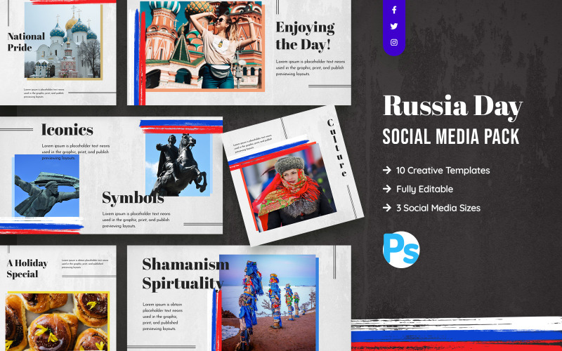Download Шаблон для соцсетей "Russia Day Social Media Template" / Russia Day Social Media Template - Шаблон для соцсетей на тему графика russia,day,social,media,template,creative,modern,national,holiday,russian,federation,facebook,twitter,instagram,post