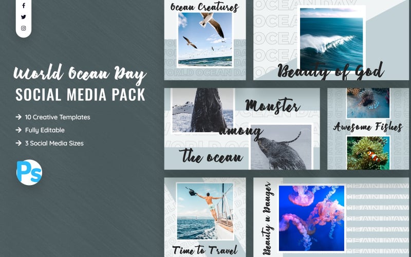 Download Шаблон для соцсетей "World Ocean Day Social Media Template" / World Ocean Day Social Media Template - Шаблон для соцсетей на тему графика world,ocean,day,social,media,post,template,promotion,june,festival,environment,facebook,instagram,twitter,promotions