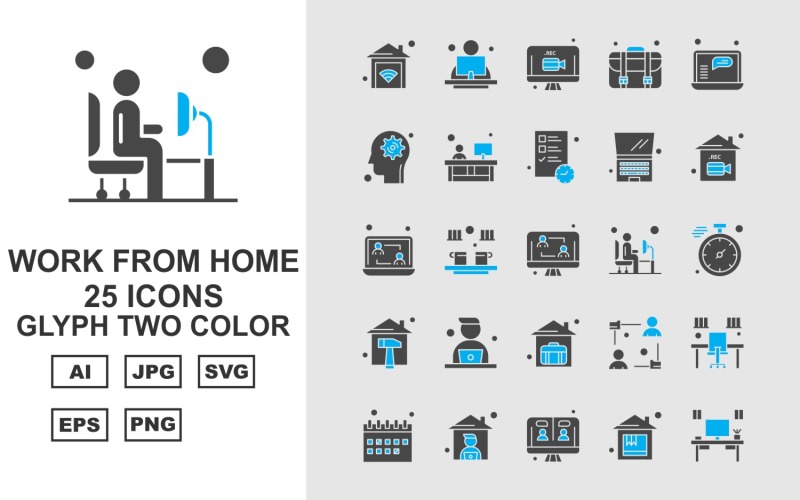 25 Conjunto de iconos de dos colores de glifos de trabajo desde casa premium