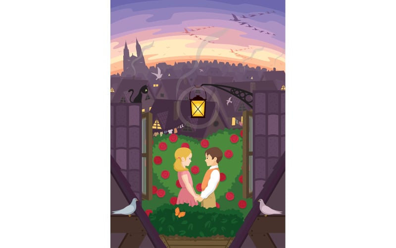 Download Иллюстрация "Kay and Gerda - Illustration" / Kay and Gerda - Illustration - Иллюстрация на тему графика snow queen,kay,gerda,hans christian andersen,tale,fairy tale,story,love,in love,i love you,romance,friendship,kids,children,boy,girl,roof,roses,garden,cityscape