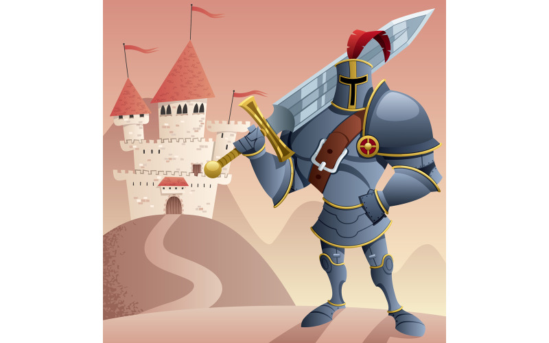 Download Иллюстрация "Knight 2 - Illustration" / Knight 2 - Illustration - Иллюстрация на тему графика knight,crusader,hero,warrior,chivalry,cavalier,paladin,guardian,cartoon,character,man,mascot,watchman,sentry,castle,stronghold,fort,palace,medieval,history