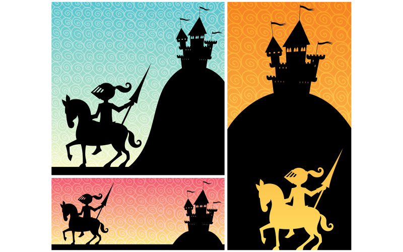 Download Иллюстрация "Knight Backgrounds - Illustration" / Knight Backgrounds - Illustration - Иллюстрация на тему графика knight,castle,cartoon,silhouette,banner,background,landscape,crusader,hero,warrior,chivalry,cavalier,paladin,guardian,rider,character,man,stronghold,fort,palace
