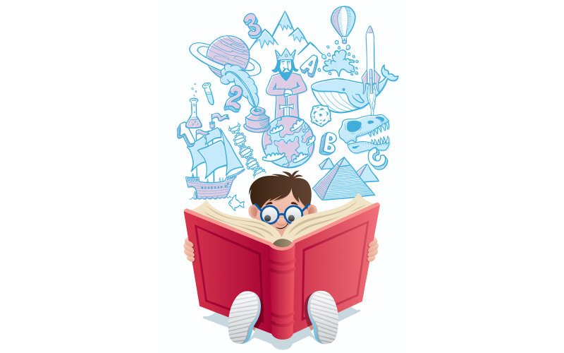 Download Иллюстрация "Learning 2 - Illustration" / Learning 2 - Illustration - Иллюстрация на тему графика learning,boy,book,school,back to school,little,young,child,kid,reading,studying,looking,sitting,schoolboy,student,doodle,hand drawn,concept,knowledge,literature