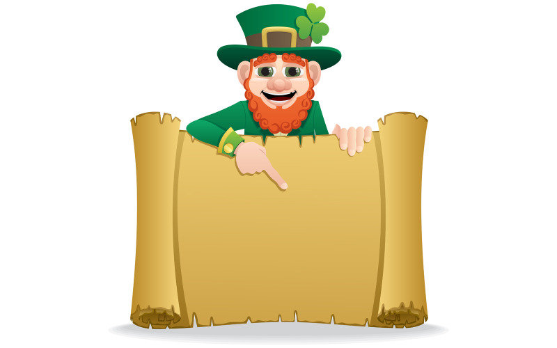 Download Иллюстрация "Leprechaun Scroll 2 - Illustration" / Leprechaun Scroll 2 - Illustration - Иллюстрация на тему графика leprechaun,scroll,greeting,list,message,parchment,paper,manuscript,frame,sign,banner,placard,cartoon,showing,pointing,presenting,invitation