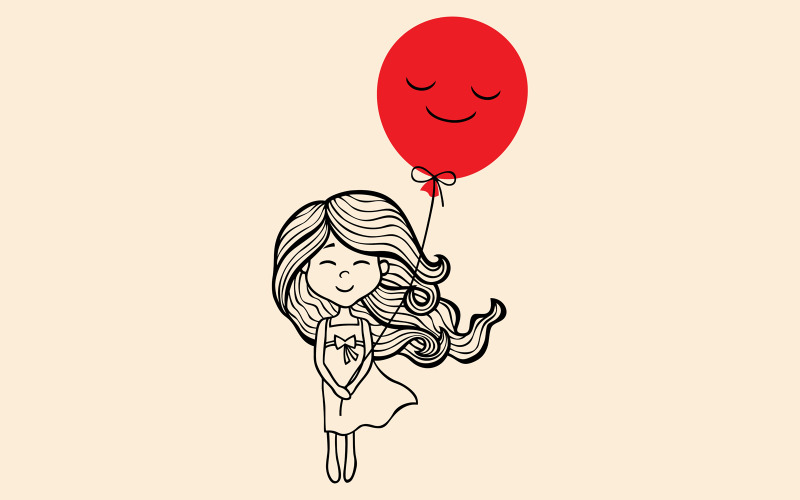 Download Иллюстрация "Little Girl - Illustration" / Little Girl - Illustration - Иллюстрация на тему графика girl,little,small,child,balloon,long,hair,dress,doodle,sketch,hand,draw,drawn,drawing,line,art,lineart,happy,smiling,joy