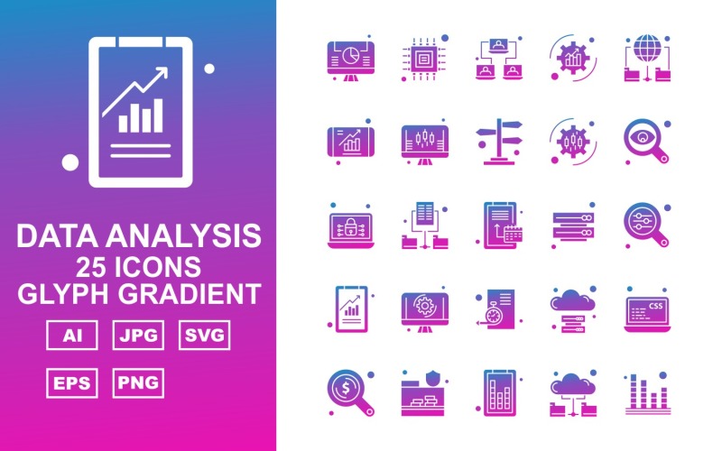 Download Набор иконок "25 Premium Data Analysis Glyph Gradient Icon Pack Set" / 25 Premium Data Analysis Glyph Gradient Icon Pack Set - Набор иконок на тему data lcd,folder,server,laptop,find,bar,chip,link,setting,mobile,direction,calendar,search,stopwatch,icon,icons