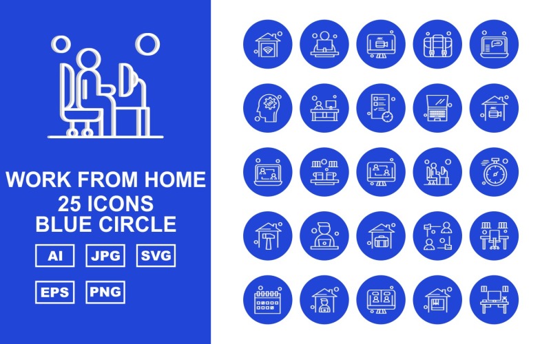 Download Набор иконок "25 Premium Work From Home Blue Circle Icon Pack Set" / 25 Premium Work From Home Blue Circle Icon Pack Set - Набор иконок home,offee,avatar,office,calendar,lcd,table,briefcase,laptop,setting,document,stopwatch,icon,icons