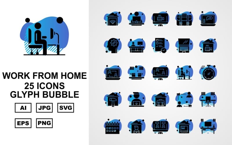 Download Набор иконок "25 Premium Work From Home Glyph Bubble Icon Pack Set" / 25 Premium Work From Home Glyph Bubble Icon Pack Set - Набор иконок home,offee,avatar,office,calendar,lcd,table,briefcase,laptop,setting,document,stopwatch,icon,icons