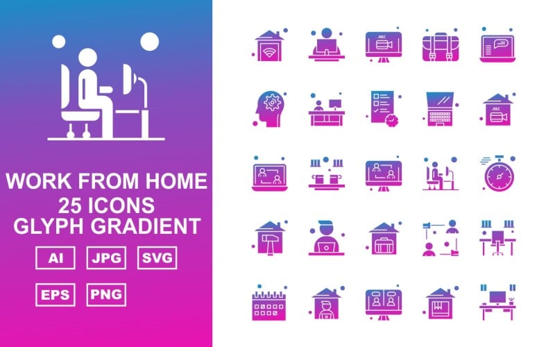Download Набор иконок "25 Premium Work From Home Glyph Gradient Icon Pack Set" / 25 Premium Work From Home Glyph Gradient Icon Pack Set - Набор иконок home,offee,avatar,office,calendar,lcd,table,briefcase,laptop,setting,document,stopwatch,icon,icons