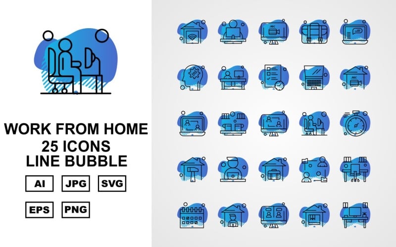 Download Набор иконок "25 Premium Work From Home Line Bubble Icon Pack Set" / 25 Premium Work From Home Line Bubble Icon Pack Set - Набор иконок home,offee,avatar,office,calendar,lcd,table,briefcase,laptop,setting,document,stopwatch,icon,icons