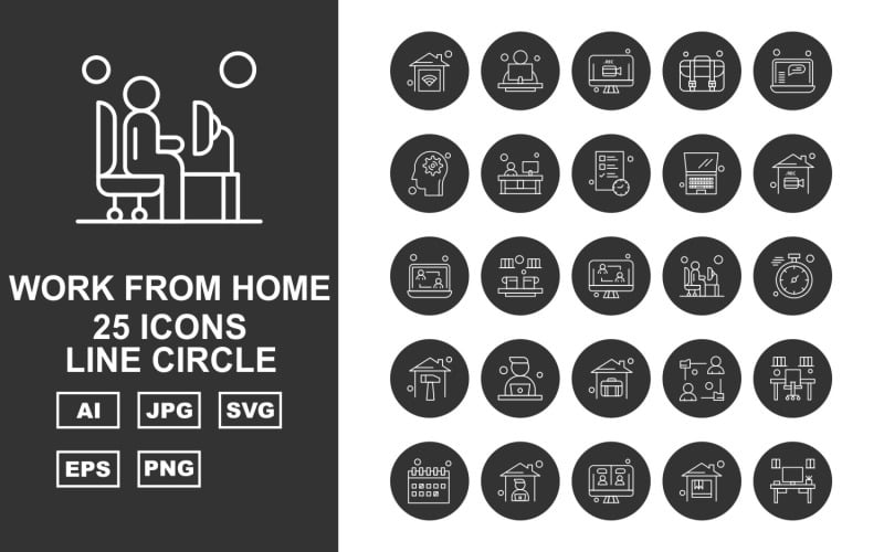 Download Набор иконок "25 Premium Work From Home Line Circle Icon Pack Set" / 25 Premium Work From Home Line Circle Icon Pack Set - Набор иконок home,offee,avatar,office,calendar,lcd,table,briefcase,laptop,setting,document,stopwatch,icon,icons