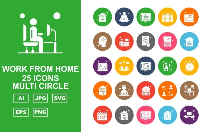 Download Набор иконок "25 Premium Work From Home Multi Circle Icon Pack Set" / 25 Premium Work From Home Multi Circle Icon Pack Set - Набор иконок home,offee,avatar,office,calendar,lcd,table,briefcase,laptop,setting,document,stopwatch,icon,icons