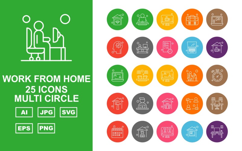 Download Набор иконок "25 Premium Work From Home Multi Circle Icon Pack Set" / 25 Premium Work From Home Multi Circle Icon Pack Set - Набор иконок home,offee,avatar,office,calendar,lcd,table,briefcase,laptop,setting,document,stopwatch,icon,icons