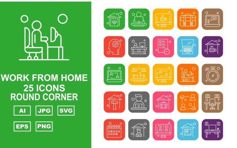 Download Набор иконок "25 Premium Work From Home Round Corner Icon Pack Set" / 25 Premium Work From Home Round Corner Icon Pack Set - Набор иконок home,offee,avatar,office,calendar,lcd,table,briefcase,laptop,setting,document,stopwatch,icon,icons