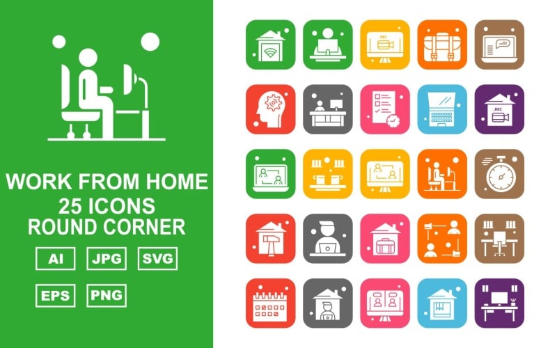 Download Набор иконок "25 Premium Work From Home Round Corner Icon Pack Set" / 25 Premium Work From Home Round Corner Icon Pack Set - Набор иконок home,offee,avatar,office,calendar,lcd,table,briefcase,laptop,setting,document,stopwatch,icon,icons