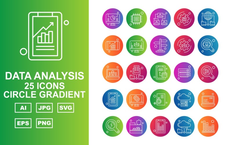 Set di 25 pacchetti di icone con gradiente cerchio di analisi dei dati premium